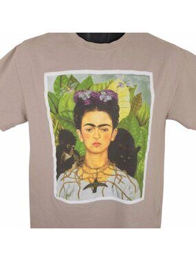 Frida Kahlo T Shirt Mens Size Medium Beige Self Portrait Art Tee Monkey Cat